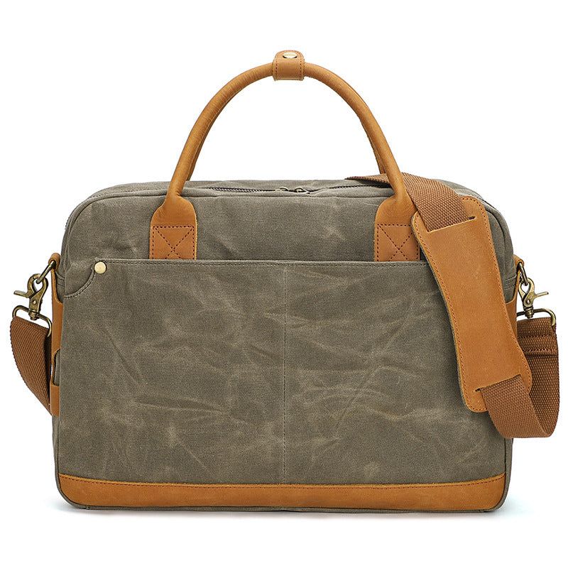 Porte-documents Toile Cirée Avec Cuir Crazy Horse Pour Ordinateur Portable