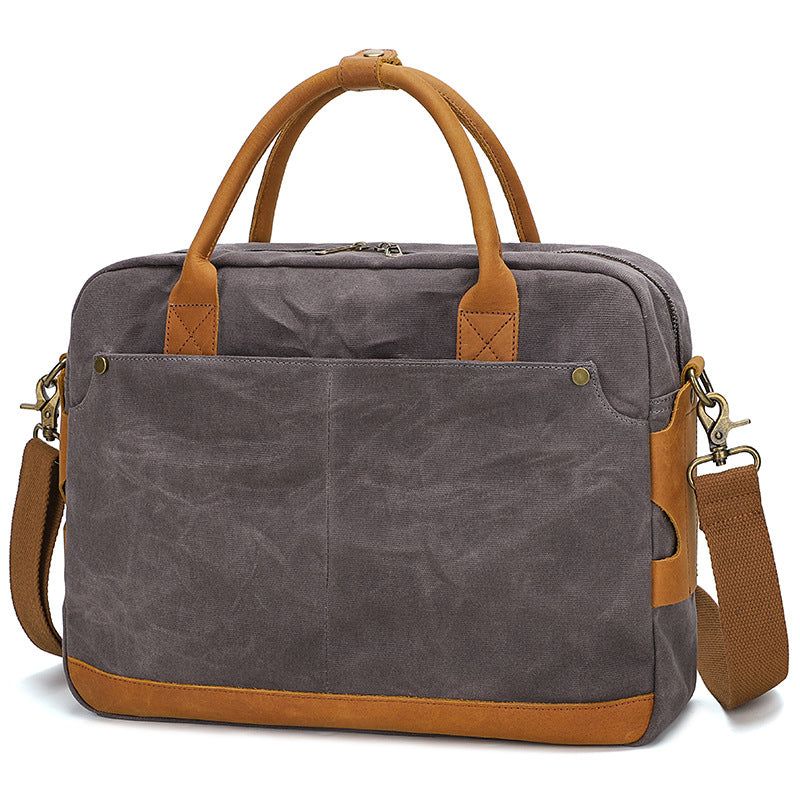 Porte-documents Toile Cirée Avec Cuir Crazy Horse Pour Ordinateur Portable