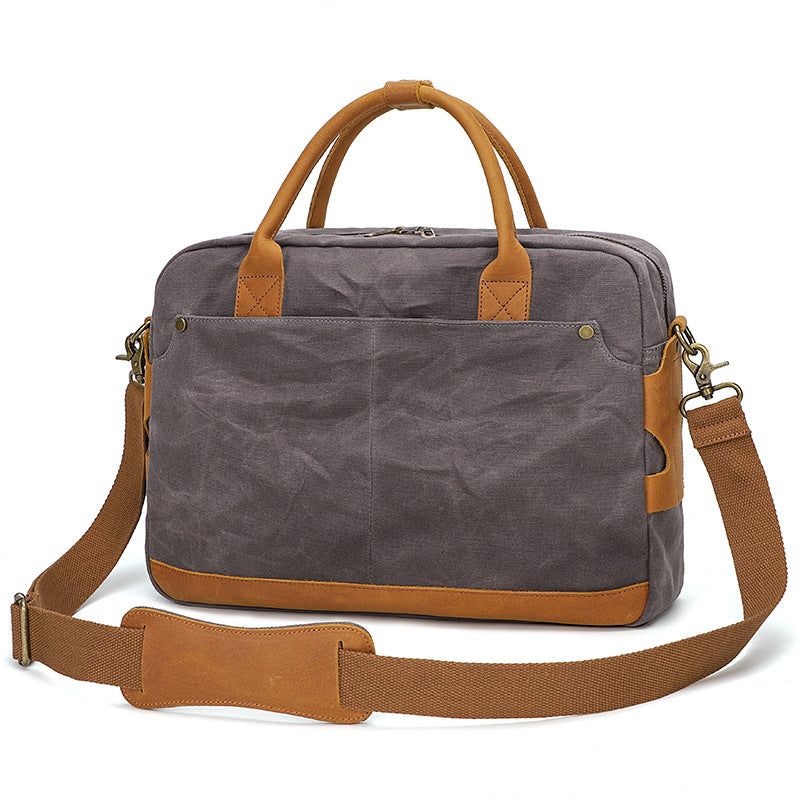 Porte-documents Toile Cirée Avec Cuir Crazy Horse Pour Ordinateur Portable