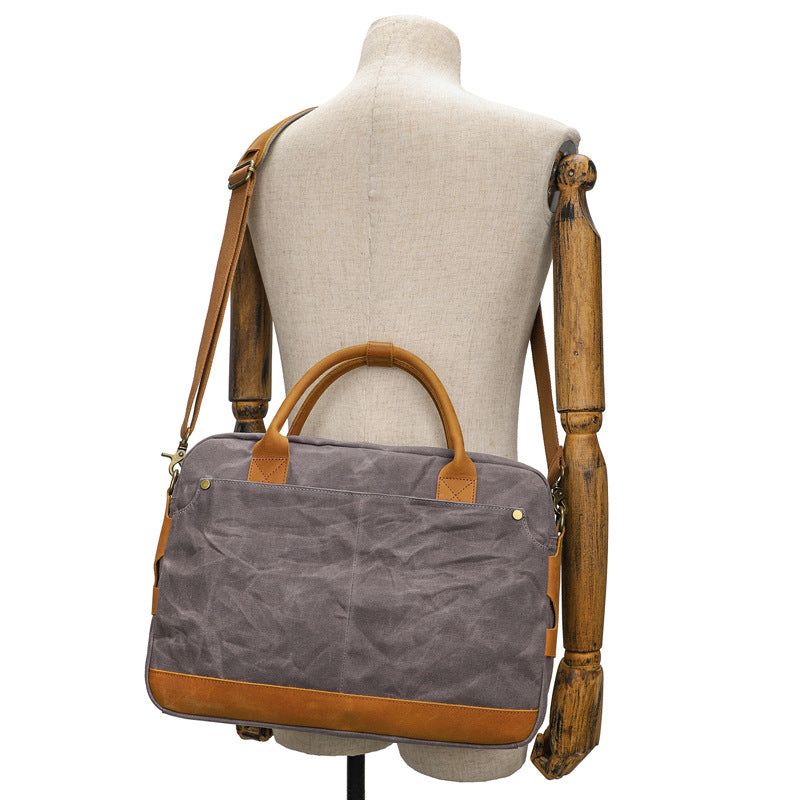 Porte-documents Toile Cirée Avec Cuir Crazy Horse Pour Ordinateur Portable