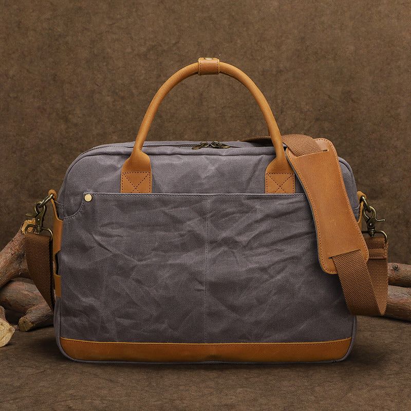 Porte-documents Toile Cirée Avec Cuir Crazy Horse Pour Ordinateur Portable