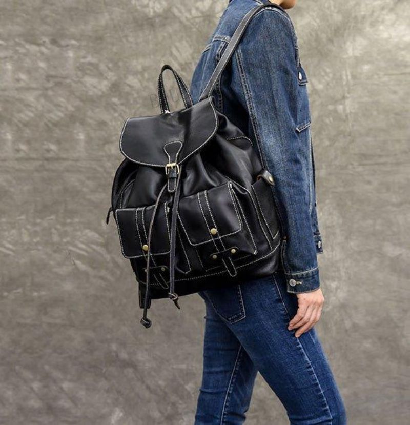 Sac À Dos Avec Cordon Serrage Cuir Véritable 14 Pouces