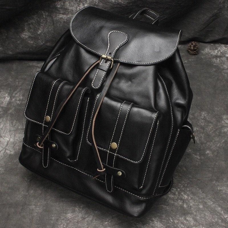 Sac À Dos Avec Cordon Serrage Cuir Véritable 14 Pouces