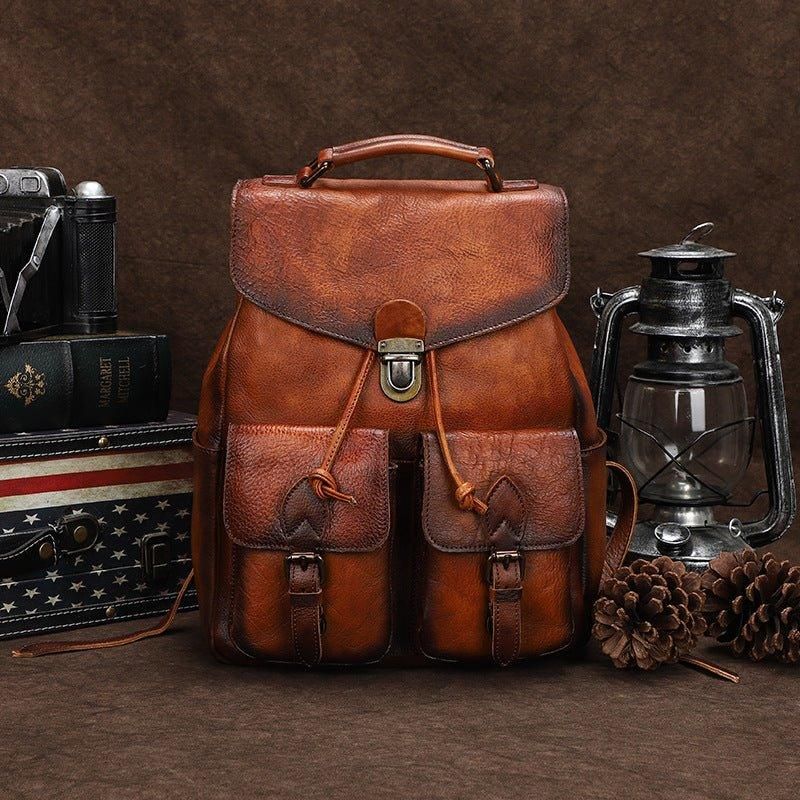 Sac À Dos Cuir Multi-poches Pour Femme