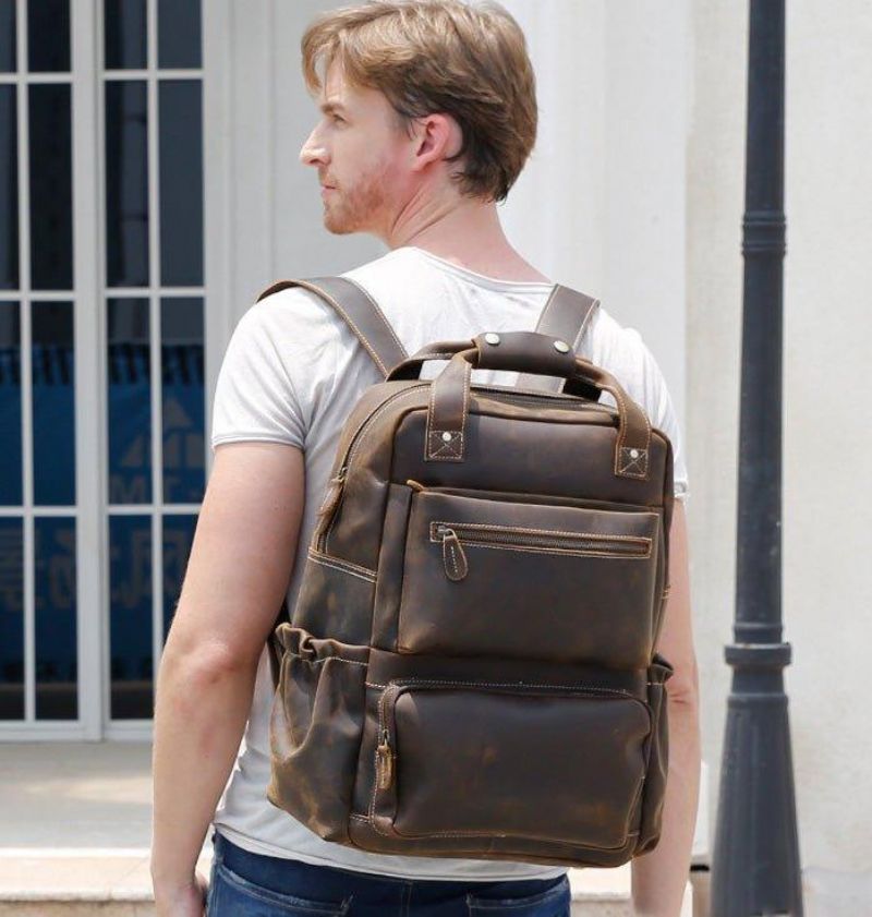 Sac À Dos Cuir Vintage Pour Hommes Avec Pochette Trolley