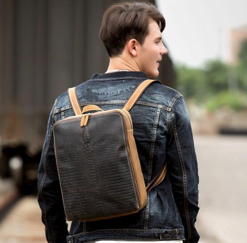 Sac À Dos Style Alligator Cuir Vintage Pour Ordinateur Portable
