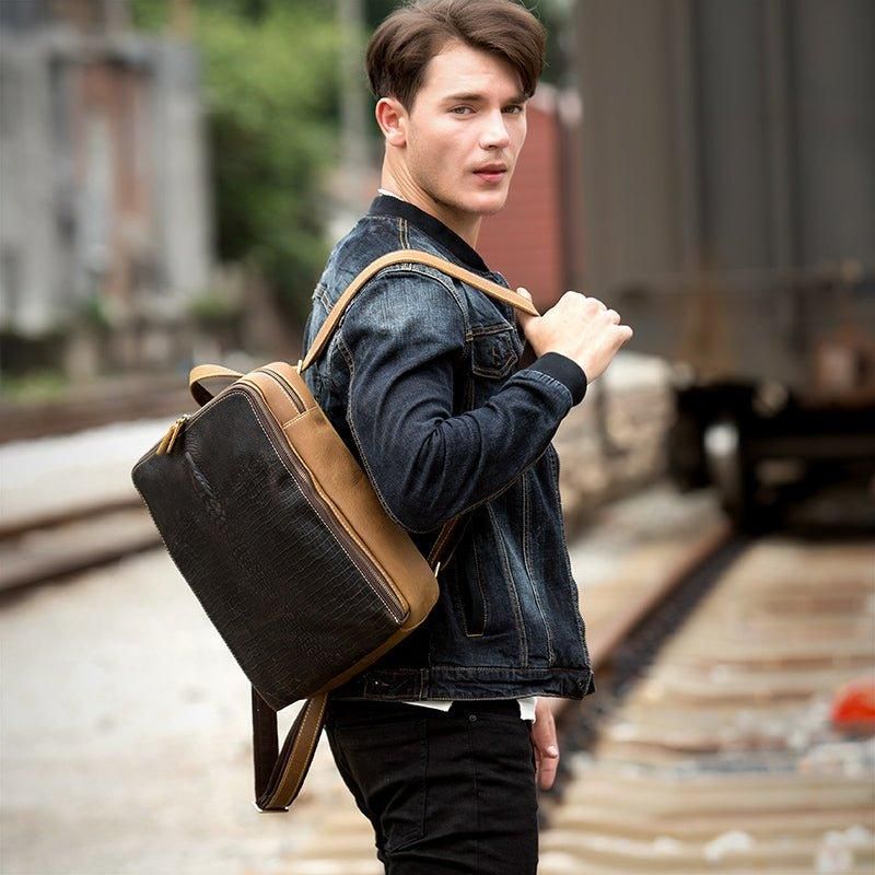 Sac À Dos Style Alligator Cuir Vintage Pour Ordinateur Portable
