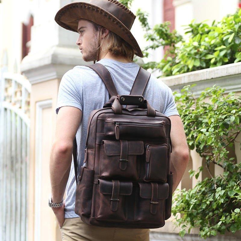 Sac À Dos Vintage Cuir Crazy Horse Pour Ordinateur Portable 17 Pouces