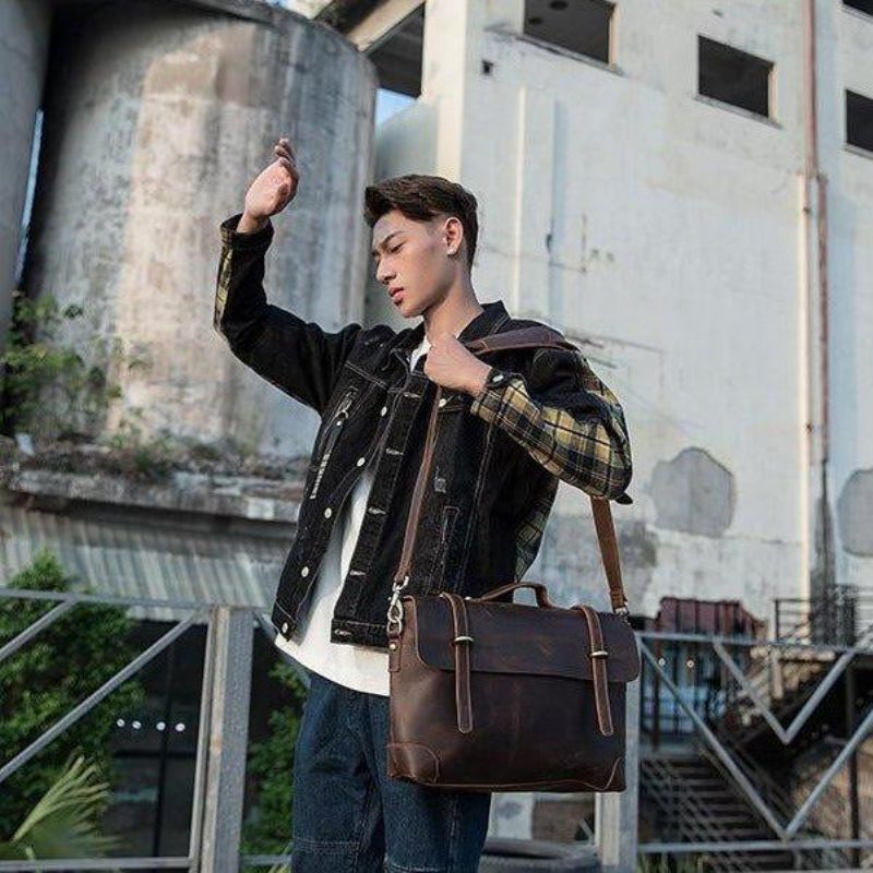 Sac Messager Vintage Cuir Pour Homme Ordinateur Portable 14 Pouces