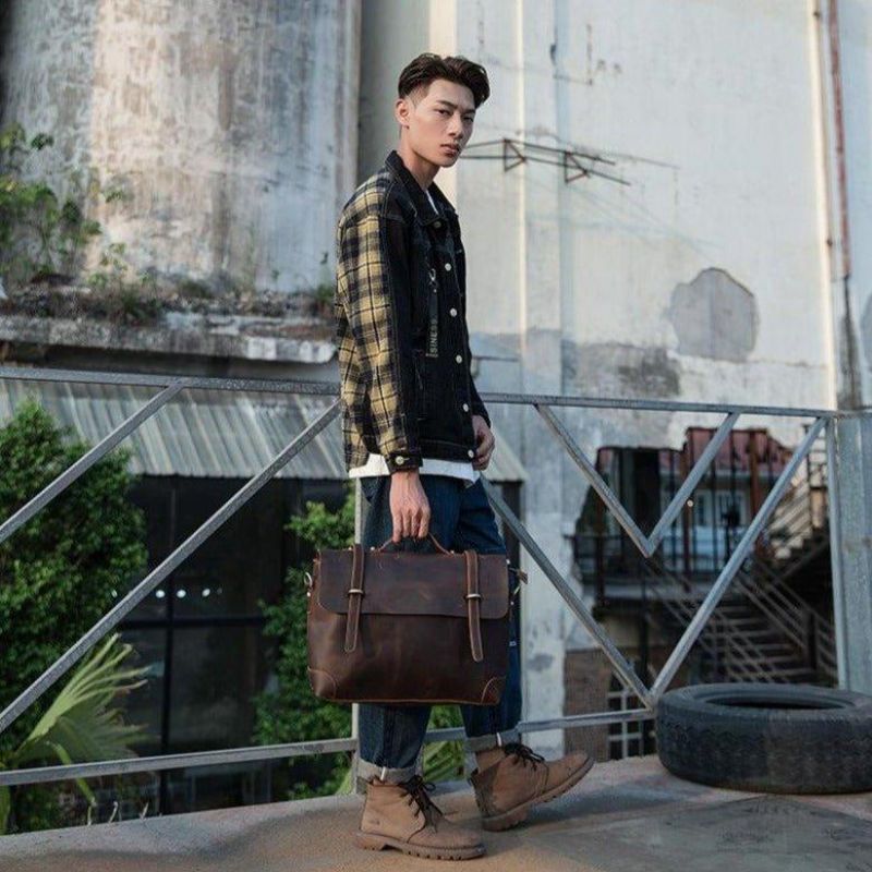 Sac Messager Vintage Cuir Pour Homme Ordinateur Portable 14 Pouces