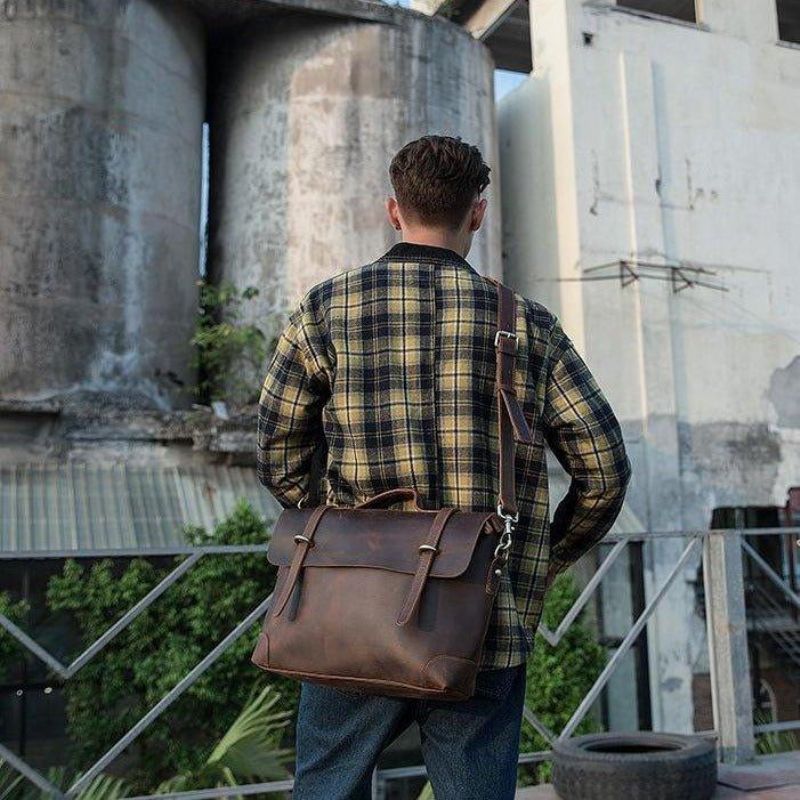 Sac Messager Vintage Cuir Pour Homme Ordinateur Portable 14 Pouces