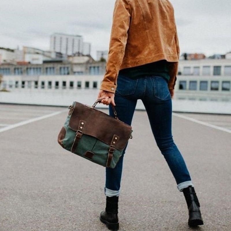 Sac Messenger Cartable Vintage Toile Cuir