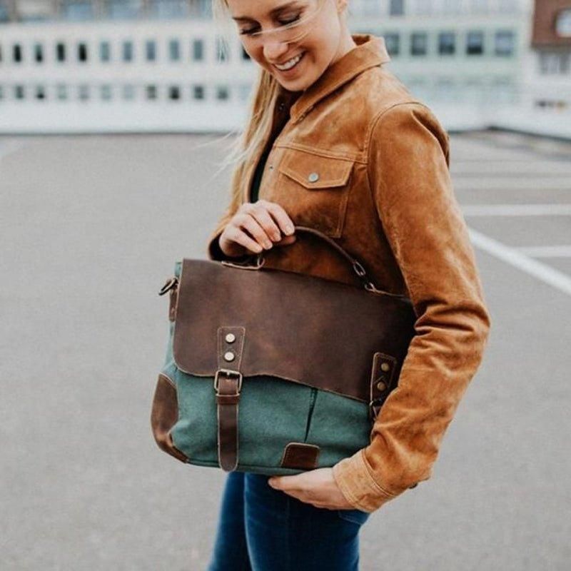 Sac Messenger Cartable Vintage Toile Cuir