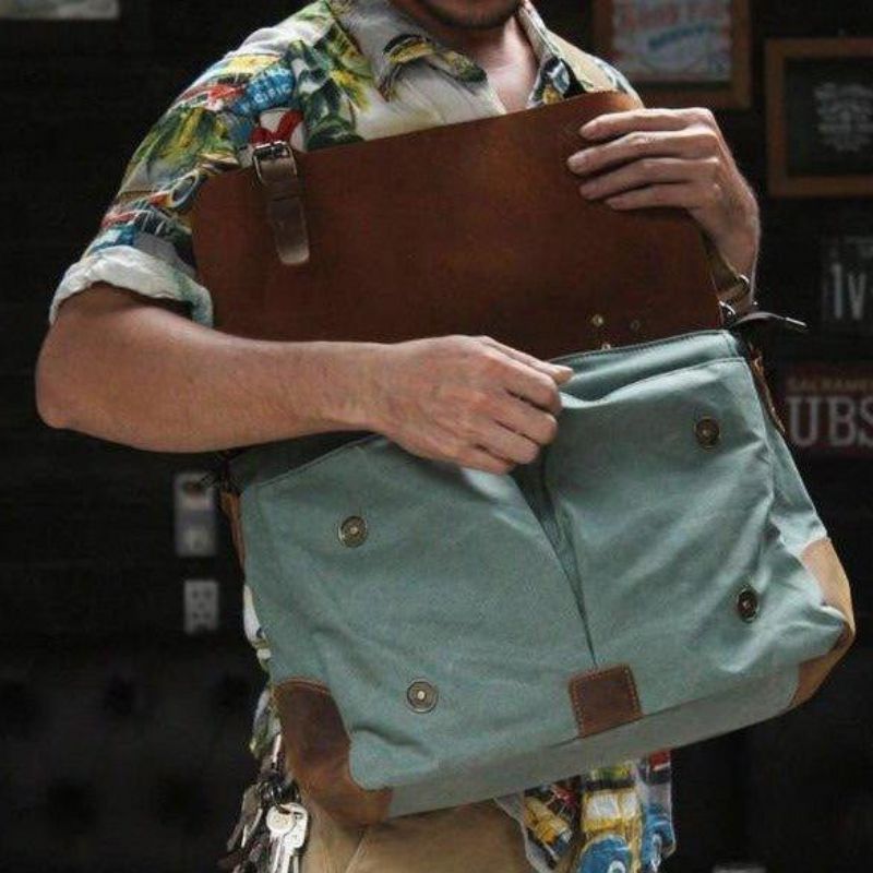 Sac Messenger Cartable Vintage Toile Cuir
