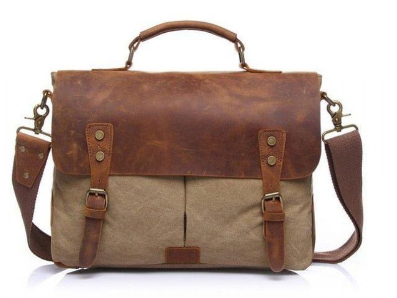 Sac Messenger Cartable Vintage Toile Cuir