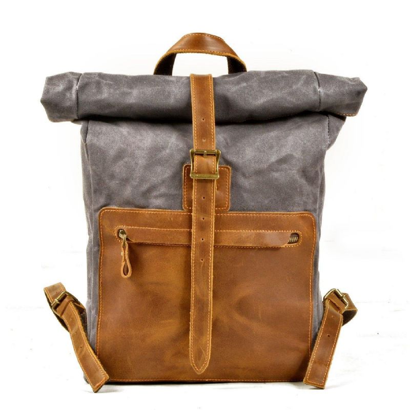 Toile Sac À Dos Vintage Roll Top Avec Pochette Pour Ordinateur Portable